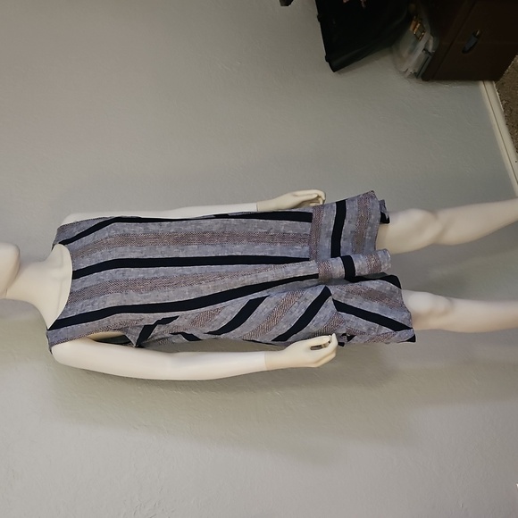 FOR CYNTHIA Blue Striped Linen Tweed Sleeveless Mod Tank Dress - Picture 2 of 11